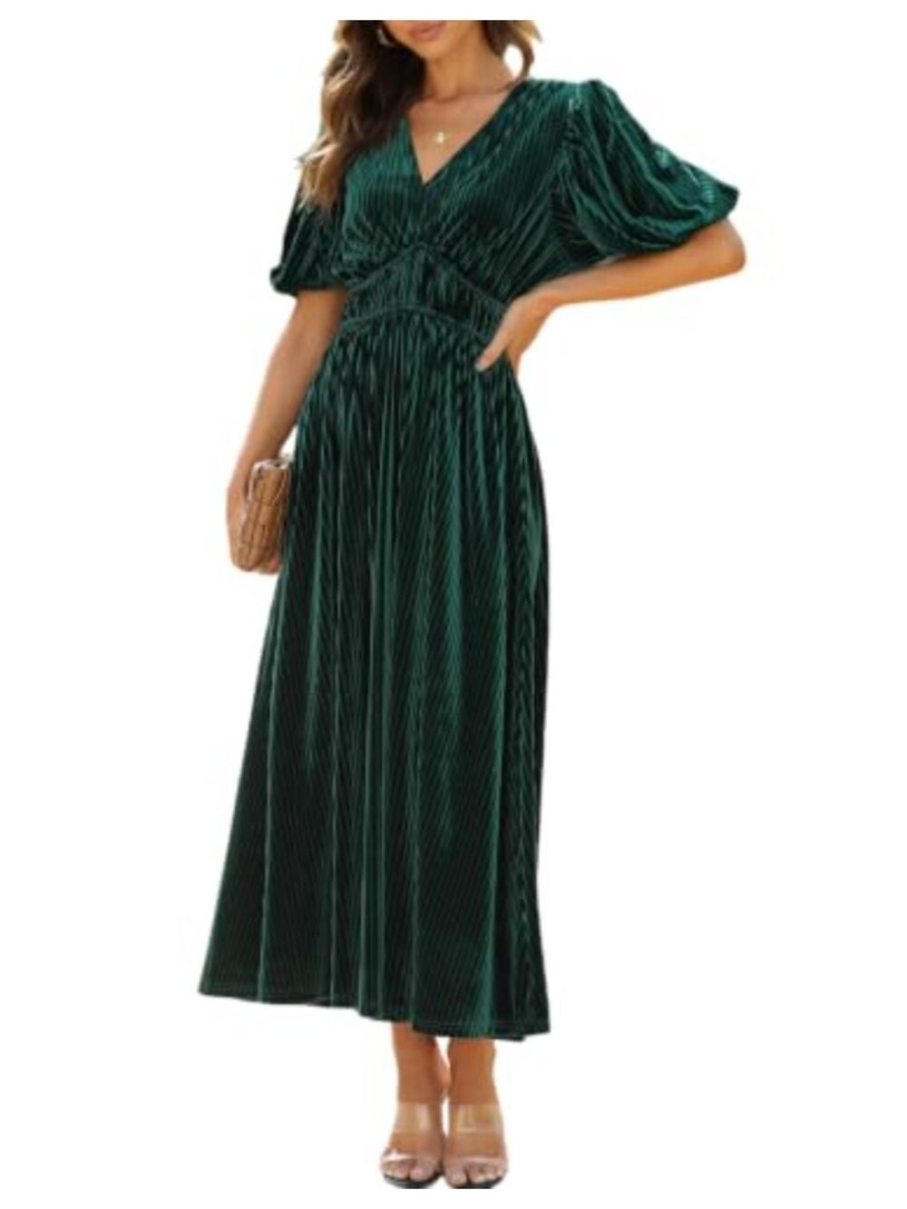 Velvet Long Formal Maxi Dress Empire Waist Puff Sleeve V-Neck Fit Flare Evening